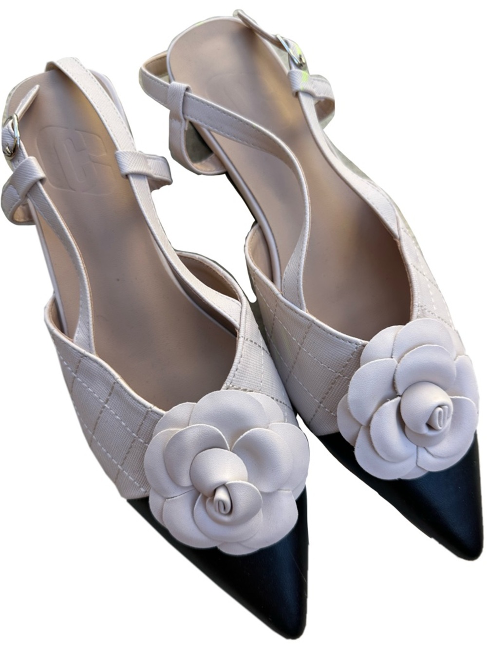 Women's Two-Tone Pointed Slingback Flats with Floral Appliqué — White and Black